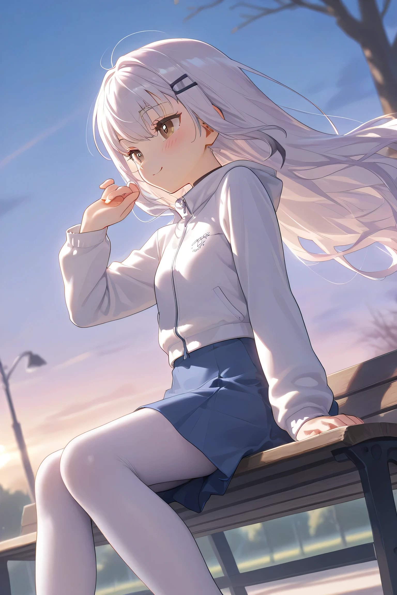 4k anime style,(feet out of frame),top-quality,Top image quality,perfect anatomy,masterpiece,ultra-detailliert,Beautiful、ultra-quality, best quality,high resolution, ultra-detailed,game cg,dutch angle ,beautiful detailed eyes, visualart,five fingers, perfect hands, Smooth anime CG, 8k anime, Best quality, High resolution,Superdetail,Perfect light,high resolution, best quality, Accurate, Anatomically Correct, Best Quality, Masterpiece, perfect hands,BREAK,1girl,She has melusine, (brown eyes:1.5), long hair, white hair, cute black hair clip,small breast,Beautiful waist,wearing white jacket,blue short skirt,white tights ,on park,cherry blossom ,morning, blush,little smile,wind effect