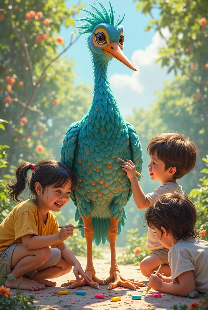 A  approaches a beautiful flightless bird in his home garden.