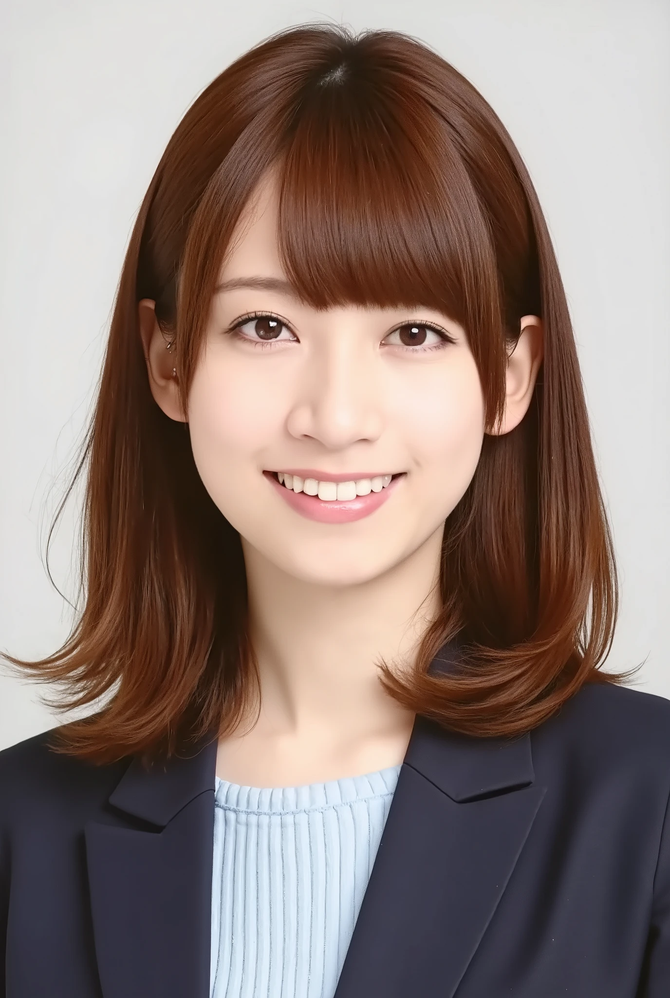 Neat Young Woman、and look at the camera、office lady suit、jacket、shirt、ear piercing、smile showing teeth、 pale brown hair、people talking in the background is inside the room、