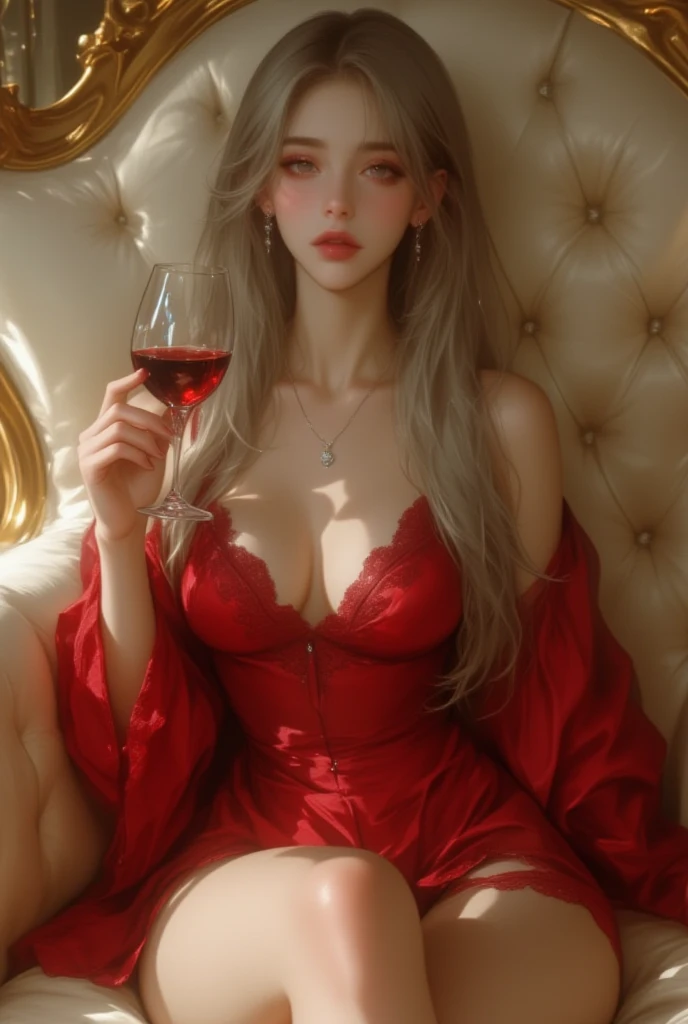 (Skindent:1.5), reallistic, Photorealsitic, (masterpiece:1.5), concept-art, intricate detailes, high-detail, Photorealsitic, octane renderings, 8K, unrealengine, dynamicposes, Top image quality, hight resolution, ((Dramatic)), epicd, depth of fields, 8K, particle, (lifelike face:1.1), (hyper realisitic:1.1), ((1girl in, full_body)), ((A detailed eye, face with high quality, Look at viewers, sexy lip, medium chest, red blush:0.8, perspiring)), ((server, Rustic tavern interior in the background, pitcher、signature、Cheerful fantasy atmosphere、细致背景、wine bottle、potion bottle、herb、Wooden table、Wooden chair、barrel、murky、Blurred foreground))、(((blonde hair、scarlet eyes、perfect hand)))、(magia、a sorceress、sorcerer、High Wizard、a sorceress、Big Wizard Hat、extremely intricate robes、Wearing a red cloak、Glowing scarlet earrings、Shining scarlet necklace、(magic wands))、、are visible、Beautiful areola、Beautiful nipples
