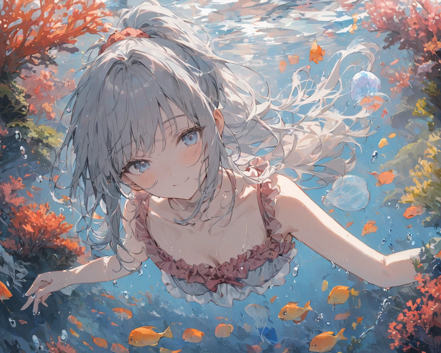 psychedelic avantgarde watercolor painting with 2.5d colorful fantasy, waifu cute anime, relaxed holiday of nymph girl floating on clear water ripple, reflecting dazzling atmosphere 