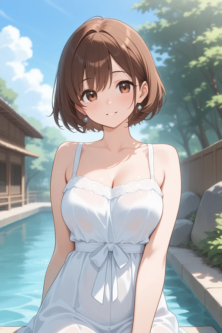 high definition, 8K, detailed face, grabbing her breast, showing her breast, Ochako Uraraka from My Hero Academia, Deep brown eyes, (((breast covered with towel)), spa, (large breasts)), slim and thin, body of equal proportions, ((focus on her breast)), front view, four fingers and 1 thumb, ((2 hands)), Brown hair, Beautiful smile, Smiling at viewer, blushing cheeks,