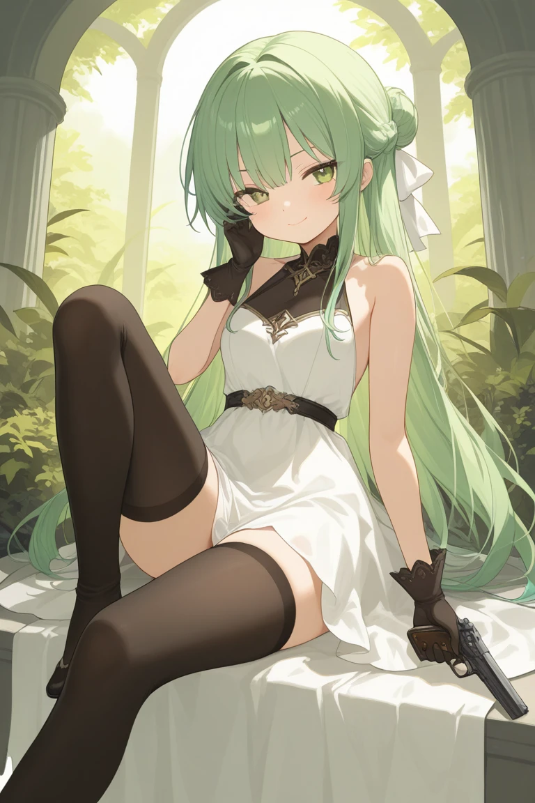 Pure sky，Plump legs，Green gem setting，Anime girl standing gracefully on the ground，Black cape and green hair, rogue anime girl, Anime girl standing, Wearing a cloak on the blasted plain, asuka suit under clothes!, Cyborg girl, badass posture, mechanic punk outfit, anime styled 3d, render of a cute 3d anime girl, gapmoe yandere grimdark, Female character，musculature，Abs，Glowing green eyes，Black hair with green gradient，extra very long hair，Bunched hair，Dull hair，（Muscle 2.0），Tomboyish，Be red in the face，looking at viewert，Elaborate Eyes，huge tit，1.5，ssmile，Openwork black silk，Straight big breasts，strappy，Black cutout miniskirt，White bandeau，High-fork panties，Toothless smile，Lower breast，Mechanical wind，There are no cities，Side breasts，Excitation，Top crotch，Sexy lower abdomen，Camel toes，Sexy underarms，See panties