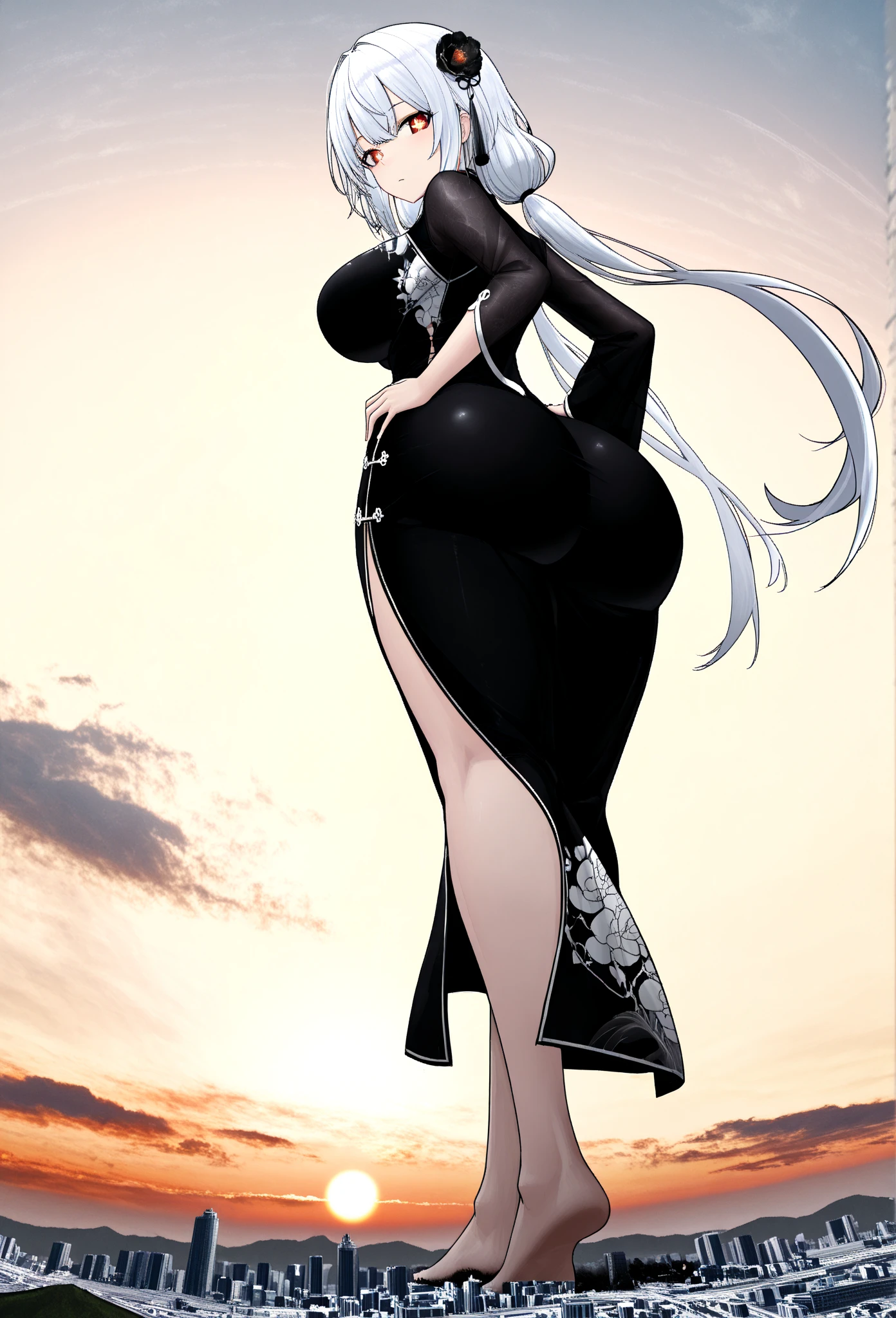 A woman，White long hair，beautiful eyes，Long legs，Nipple protrusion，Twenties，One leg is bare（Wearing white high heels），（A black dress，Wear black high heels），Huge breasts，超级Huge breasts，Standing