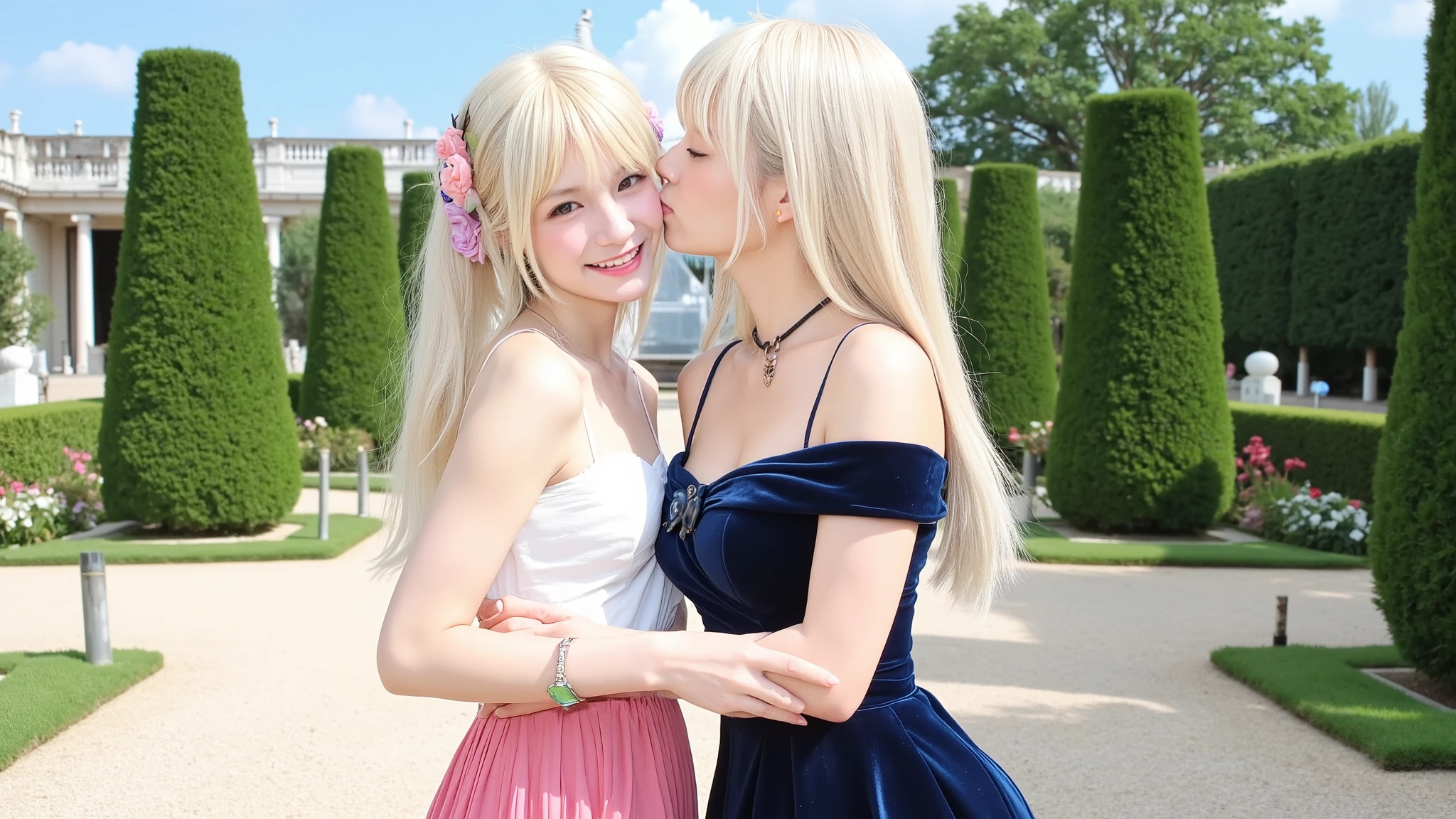 In a formal gardens, Ikumi smiles broadly as another beautiful young woman kisses her on the cheek. The other woman has long straight pale blonde hair and is wearing a dark blue velvet dress. Ikumi is wearing a white off-shoulder blouse and pink skirt.