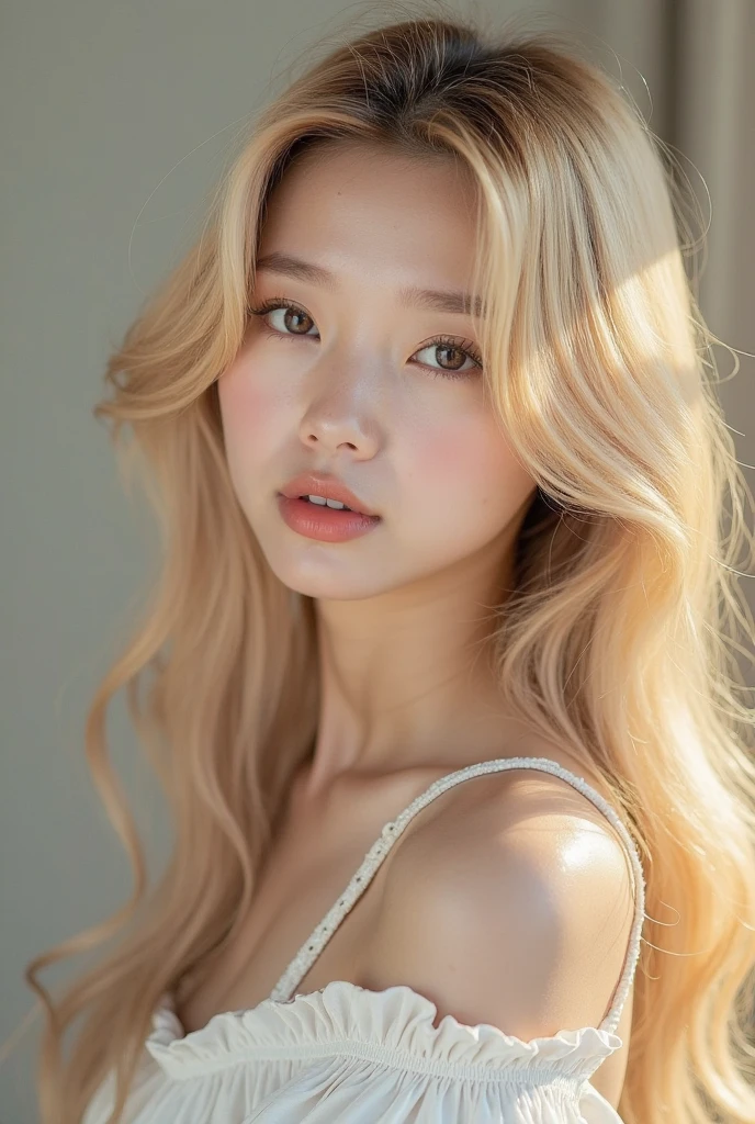 Full body snapshot、Blonde Long Hair、Loose curl hair、Ample cleavage、E Cup、Fuller lips、Looking into the camera、Double Eyes、Dressed like a goddess, clad in white cloth、Fluffy hair、I&#39;m on the clouds、18-year-old、A confident smile、Poses that emphasize beautiful breasts、The most beautiful face in the world、Full body photo