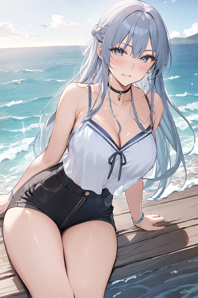 A 25 year old Japanese slender lady, silver ((loose curly hair))smooth curly hair and blue ((streaked hair))highlights hair, wearing only a black bikini and a cardigan , looks really calming and beautiful and cool, at a beach in midnight, spreading her left arms forward, a bit windy scene, smiling passionately under the moonlight, looking back pose