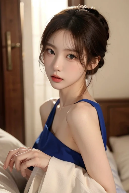 on top of the bed, Best quality, ultra - detailed,超高分辨率, 8k wallpaper, Perfectcomposition, beautidful eyes, Natural lip color,Dignified and sexy,ssmile、looking at the camera in、A 20-year-old girl、s the perfect face,Looks similar to actor Li Qin,Chinese classical temperament beauty,,middlebreast,Wearing pink Hanfu,(extremely exquisite 1.1), (Perfect details: 1.1),tmasterpiece,Wear peach blossom jewelry,Fragrant shoulders,鎖骨