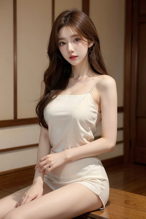 1girl, slender korean kpop idol and model ,ponytail hairstyle ,23 years old,soft body, perfect breast, fair skin,close-up, 8k, RAW photo, best quality, masterpiece,realistic, photo-realistic,cute,mansion , summer ,soft light, High image quality,( fashion OL Lapel waist dress with belt) , whole body