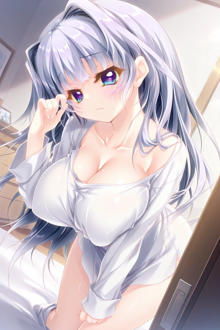voroshilov, 1girl,solo,large breasts,(negligee:1.3), cleavage, collarbone, hand on hip, indoors, bedroom, neon lights, perfect lighting, makeup, lipstick, glowing eyes, ultra detailed hair, ultra detailed face, ultra detailed eyes, detailed painting, ((top quality, 8k, masterpiece:1.3)),