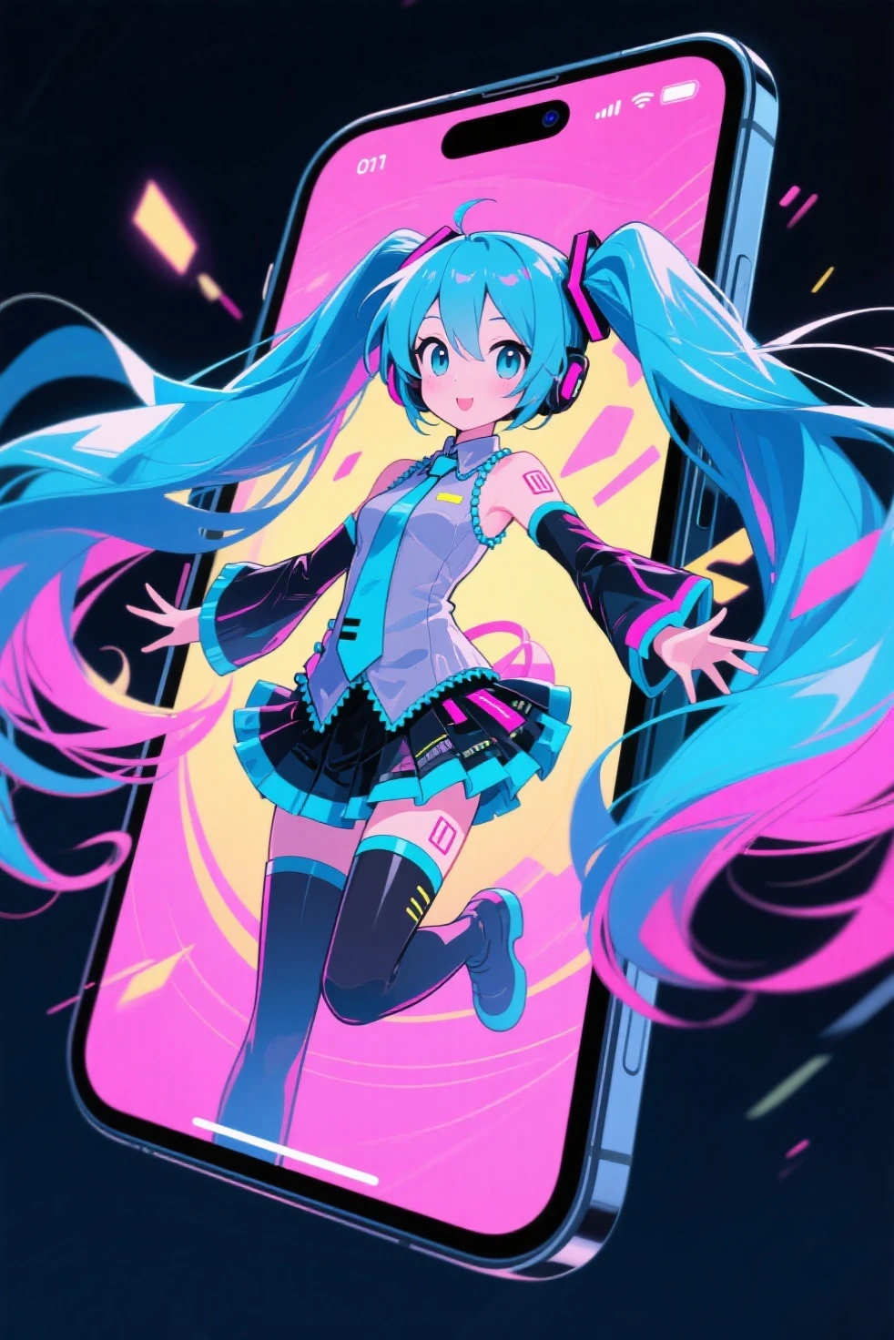 A high-quality, detailed portrait photograph featuring Hatsune Miku, the virtual idol, under vibrant neon lights with a futuristic design. Capture her dynamic dance moves and music beats, infused with a technological vibe and interactive engagement. Incorporate elements of fan culture and Japanese pop culture, along with traditional Chinese fantasy and anime styles, showcasing intricate patterns and elegant costumes. Aim for a visually stunning composition that tells a story and reflects the artistic trends of contemporary photography. Enhance the colors and textures to bring Hatsune Miku to life, maintaining a realistic and authentic look