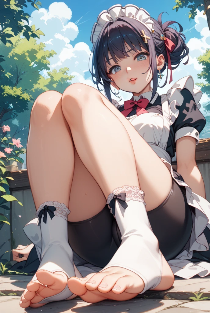 (masterpiece),maid,apprentice girl,sisters,black hair,small breasts,Cotton polka dot panties,Gothic Long Skirt,sit,squat,Natural light, realistic, diffused light, look up from below,vapor, (lift skirt), (urinating,Leakage, Pigtails,Thighhighs,Ankle-length long dress,embarrassing red face,,In front of the flower bed in the garden,satin fabric,,Silk Fabric,