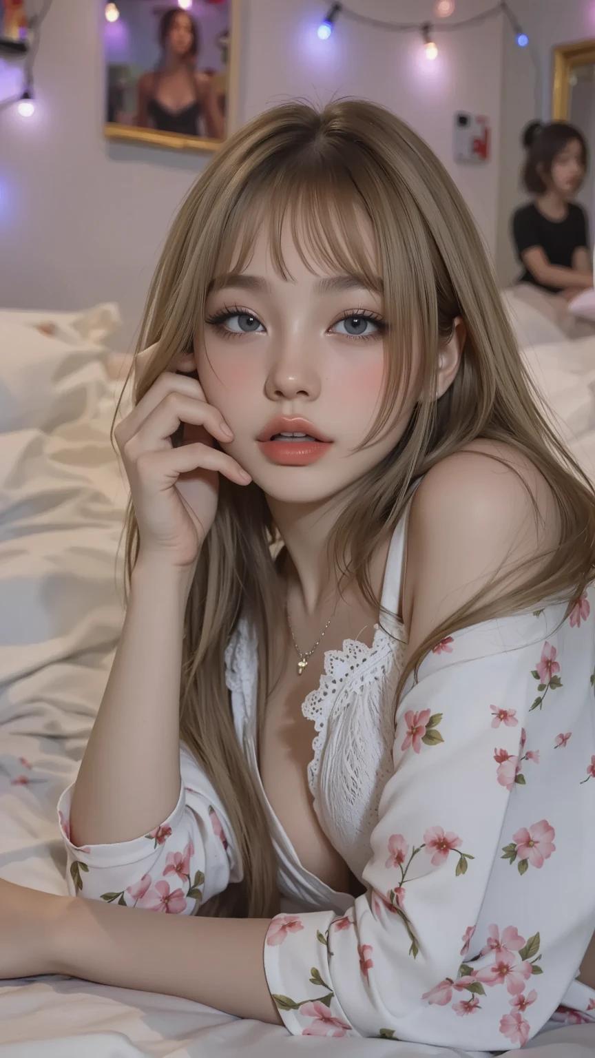 (masuter piece:1.3)、(8K、Photorealsitic、Raw photography、top-quality: 1.4)、(1girl in)、beautiful countenance、(Lifelike face)、(Light Beige Mixed Hair、)、(Busty Boobs)、off-the-shoulder sweater、are protruding 、The sweater is lowered to the bottom of the、((sexy for))、Beanie、Wearing a knitted cute pom-pom hat、a necklace、(Display hats on the screen)、realisticeyes、Beautiful details、（real looking skin）、Beautiful skins、absurderes、enticing、超A high resolution、A hyper-realistic、high-detail、the golden ratio