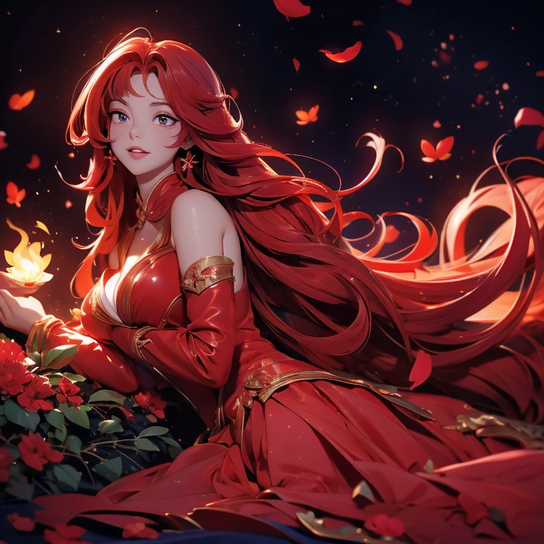 a woman with long, curly red hair wearing a long, flowing flaming red dress with a high neckline and long sleeves, lying on a bed of flowers, standing against a dark background with a flaming glow. Her lips are slightly parted, as if she is lost in thought. She is lying on her back with her arms behind her head, looking up at the sky. The flowers around her are in full bloom, with petals in various shades of pink and purple. The background is a field of flowers with a few trees in the distance.The overall effect is one of mystery.