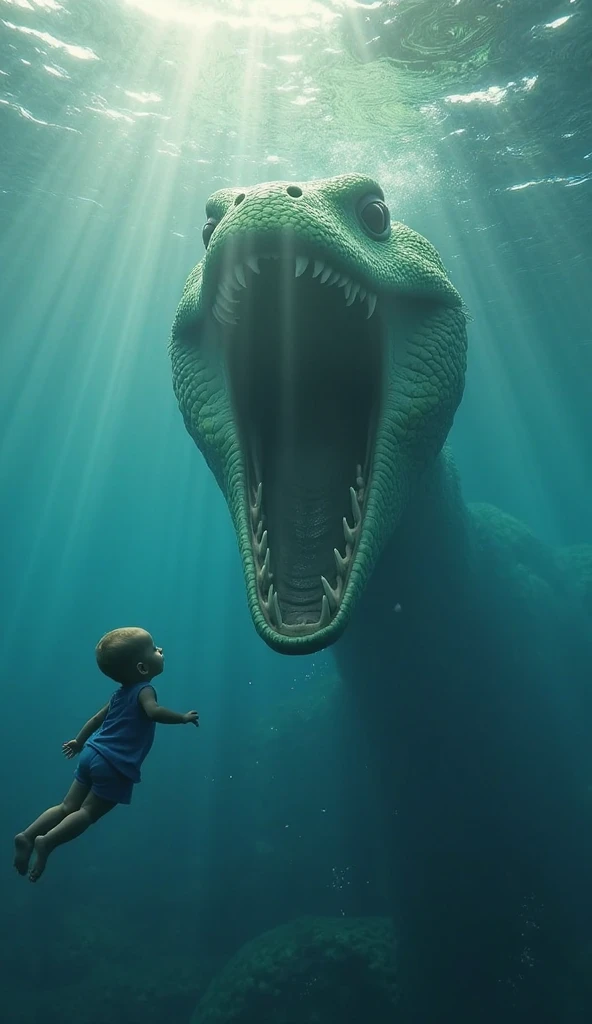 Moment a little boy swiming under the sea with dinosaurus