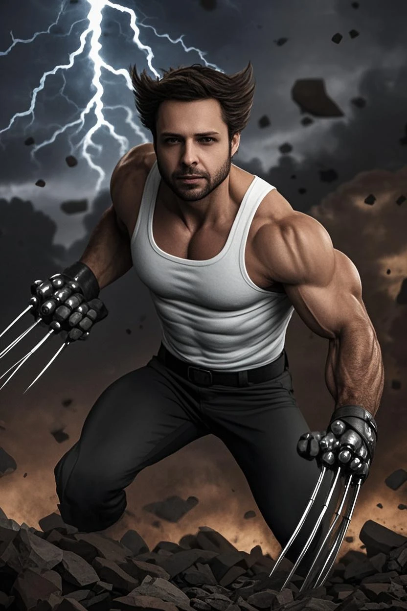 his muscular, hairy body in his hands adamantium claws visually stunning image of Wolverine. Every intricate detail of his face and body comes to life in stunning 4K resolution, while the thunder and rain add an extra layer of intensity to the scene. " Marvel