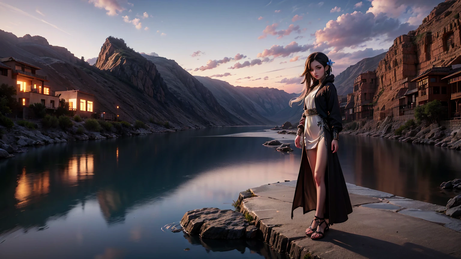 ((masterpiece, top quality, high resolution, Highly detailed CG integrated 8k wallpaper)), (Huge Amazing Goddess Shot, jaw-dropping beauty, perfect proportions), A woman looking up at a mountain peak, Wearing Incan clothing, ponytail, View below, Llama cattle next to the woman