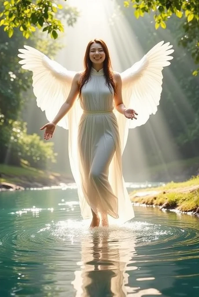 Create a 64k photo of a quiet forest scene at dusk. The forest is bathed in soft, gentle light. There are tall ancient trees. Portrait of a beautiful young woman with white skin and long brown hair. Slim figure, wearing white clothes., With white feathered wings, smiling softly, she stood gracefully beside the stream.