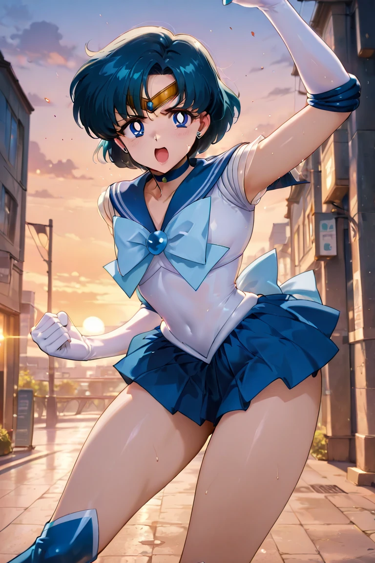 (masterpiece), (Highest quality), anime, Cinematic Light, Mizuno Ami, Sailor Mercury, stand, coastal, Perfect body, Blue Hair, uniform,anime風,Panty shot,Dynamic Movement,8 heads, fully exposed,