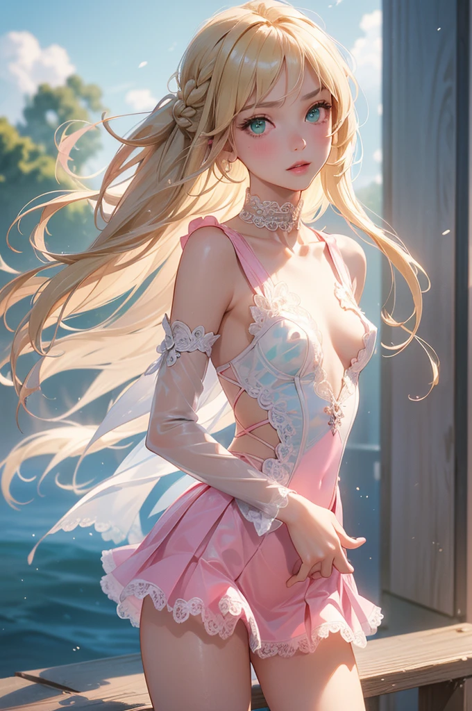1 elf girl, one person solo, (beautiful elf lady in loving), (honey blonde hair Gradient sliver white end:1.4), (absurdly long wavy hair), hair strand, single sidelock, shiny hair, (symphony purple eyes), high-detailed and delicate eyes, colourful eyes makeup, red lips, ultra detailed facial, upturned elf pointy ears, porcelain skin, warm tone skin, little blush, whole body, extreme detailed, break, Extra long pink white detailed classic dress, Graphic printing clothes, classic and simple clothing masterpiece, (several heart swirl around the body), ( _give heart:1.4 ), break, Walking on the street, in the cyberpunk future city, old street, starry night sky, meteor, cloud, neon, pink heart, detailed background, break, Full body, photography art, shallow depth of field, 8K photo, chiaroscuro, sparkle, Volumetric lighting, Edge lighting, studio lighting, cinematic lighting, break, Loving theme anime illustration, (the art of crossover ancient classics with future technology), realism anime, イーブイの絵, best quality, 8K quality, 8K detail, masterpiece, highres, CG unity,