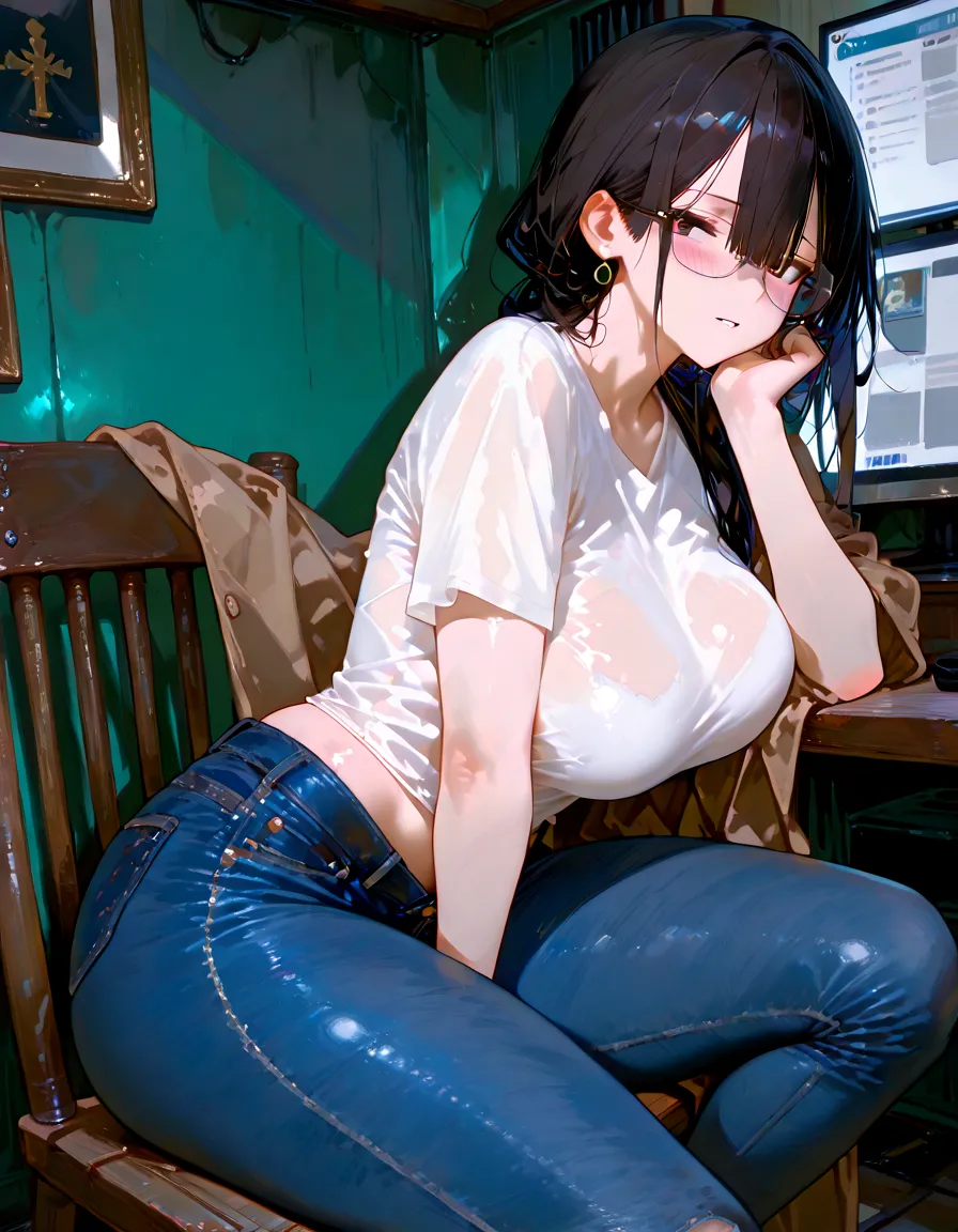 beautiful female version Sponge Bob square pants and Patrick, big legs, big breast, big thighs, looking at viewer, long hair. ripped clothing, clothing torn, lab, science, small waist
