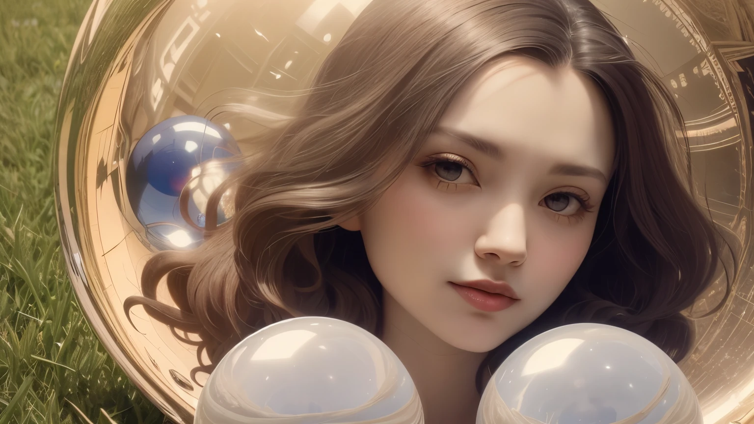 383 (20 year old woman),(short hair),(gentle smile),(high quality photos),( cinematic pictures playing on the lawn ),(colorful),(Crystal Ball),((contrast between light and shade)) ,(Da Vinci )