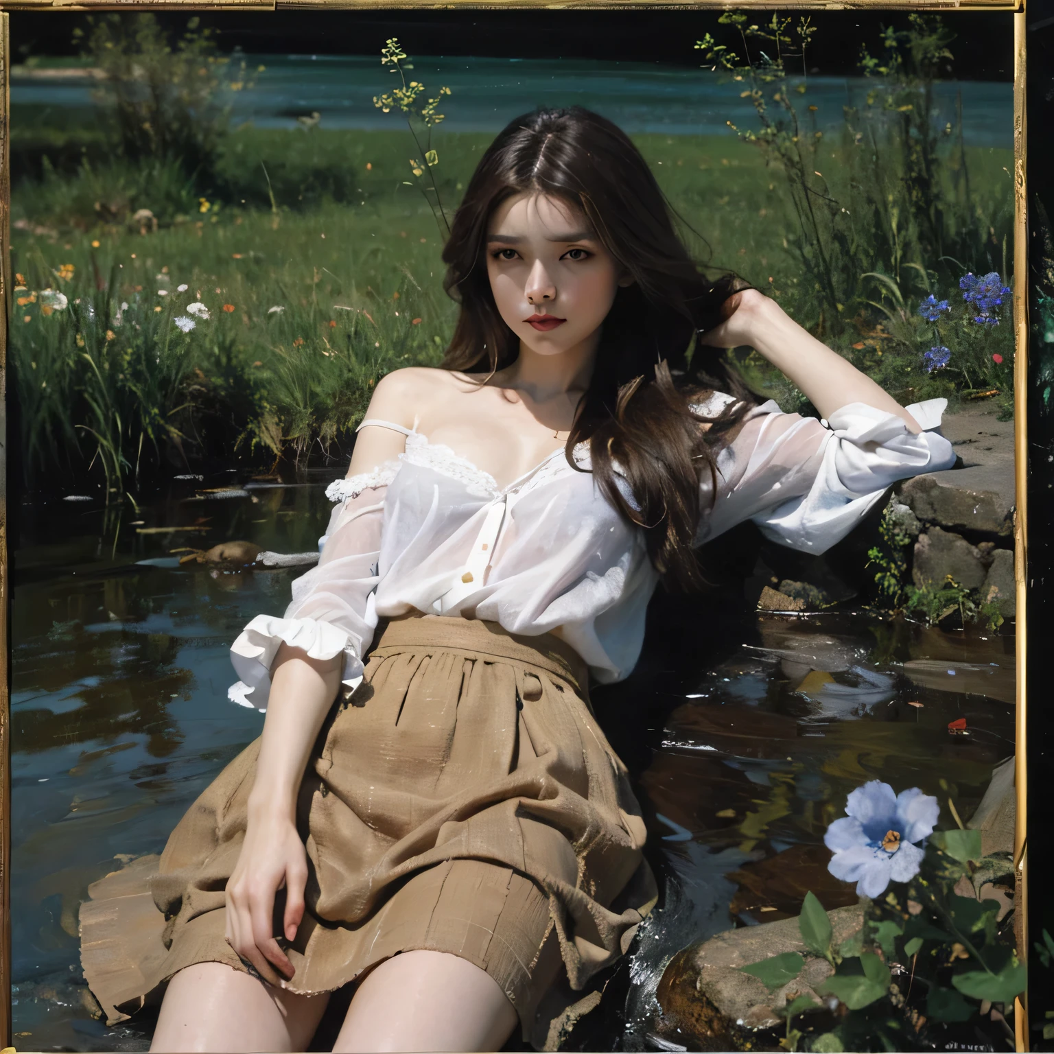 1 girl, calm expression, charming eyes, straight hair, flowing tulle miniskirt, calm posture, porcelain-like skin, subtle blush, crystal pendant BREAK Golden Hour, (edge lighting): 1.2, warm tones, sun flare, soft shadows, vivid colors, painting effects, fantastic atmosphere BREAK Scenic lakes, distant mountains, willows, calm water, reflections, sunlit clouds, tranquil atmosphere, idyllic sunsets, super detailed, Official art, unified 8k wallpaper, zentangle, mandala