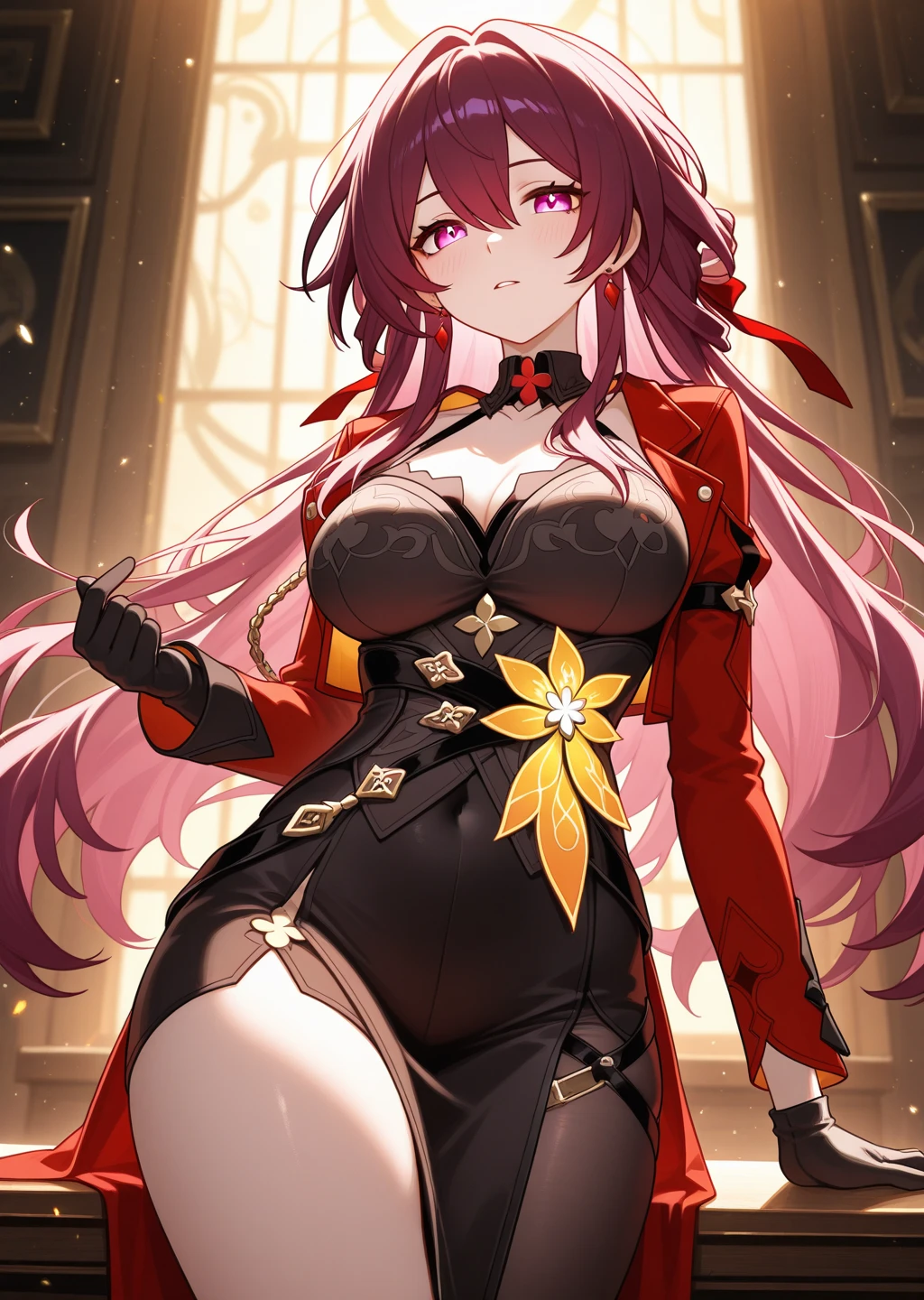 1 girl、Golden long hair、Fantasy、goddess、Black clothing、Gold decoration、Aggressive design、Bigger breasts、Expose、Shameless、Provocative、Fan、Lust、smile、Red Eyeake a Deal with the Devil)、Devil horns、Devil&#39;s Wings