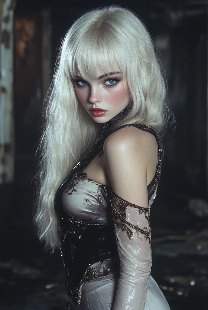 Full Body,Full Body Shot,(Complex Details), 19 years old, Mysterious Beautiful Girl,Perfect Face, Makeup:1.5, Bright On Face, Facial Detail, Long Hair,Platinum Blonde Hair,Straight Hair,Steampunk,White Princess Dress,um Home Defense, Conceptual Art, Realism, Godley, Movie Lighting, Multiview, Canon, High Detail, high-quality, HD, 16k