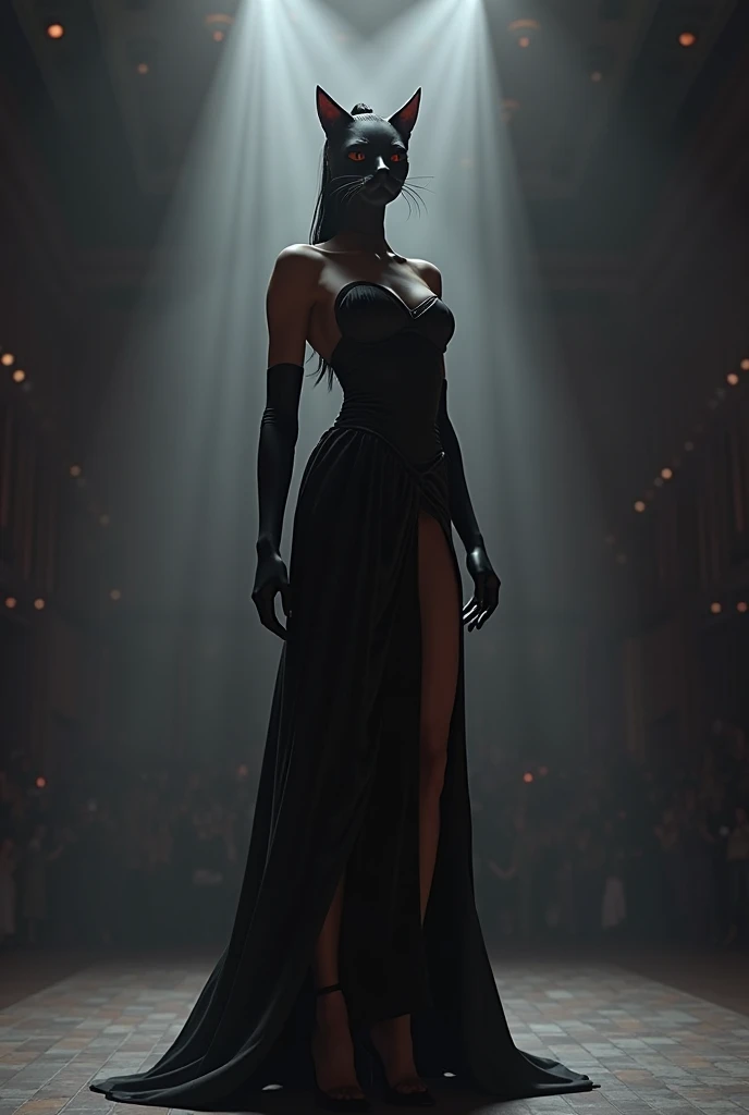 top quality, future world, State-of-the-art robot, Beautiful Woman, flying hair, Transformed into a cyborg except for the face, Transformed into a cyborg except for the shoulder, sexy images, whole body photo, (((fashion show, model, lighting on model, walking on runway, front view, classic dress, turning back )))