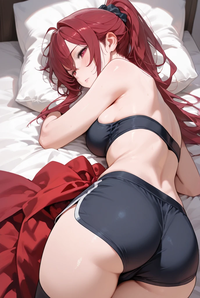 (absurderes、Absolute resolution、incredibly absurdness、hight resolution、ultra-detailliert:1.0、Official art)、master piece, Sharp Focus ,Delicate Beautiful Hair and Eyes and Face, Lifelike, Hyper-detailing, a matural female, Dynamic Hair, slender,Nudists, (Wearing a black cardigan and white low-rise panties),natural(Colossal tits:1.2), cleavage of the breast,((The areol)),(teats),((exposed breast)), Beautiful cute woman,Wet in the rain,(Delicate pale red hair),(length hair),delicate dark green eyes, , , A look of frustration,(Lying face down on the bed), Lying face down, (Hug a pillow), Buttocks, thighs thighs thighs thighs, Sexy legs