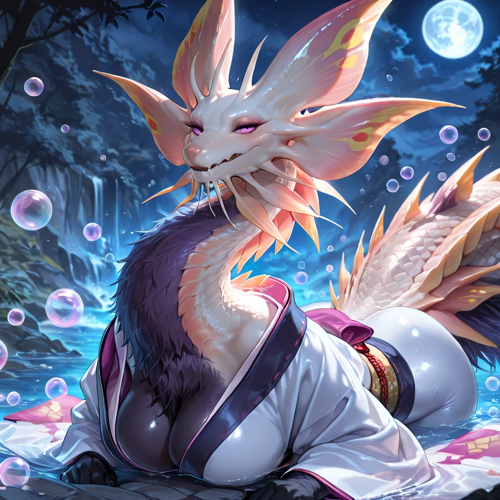 ((solo)), (( there are no humans )), (Monster Hunter), amazing masterpiece, Highest Quality, High Fashion, Extremely absurd, close-up, high definition, Complicated Details, very cute face, bright colors, curvy body, very cool monster, mizutsune, midnight, Full Moon Light  , bubble, A sense of dynamism、Put on a kimono