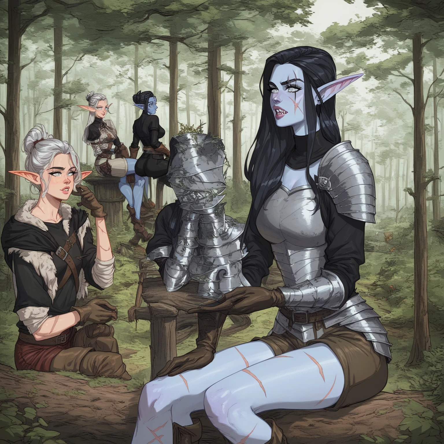a drawing of a female character in armor, fantasy paladin woman, elf warrior,sitting,(crossed legs:1.2),outdoors,forest,(androidarts:1.2)