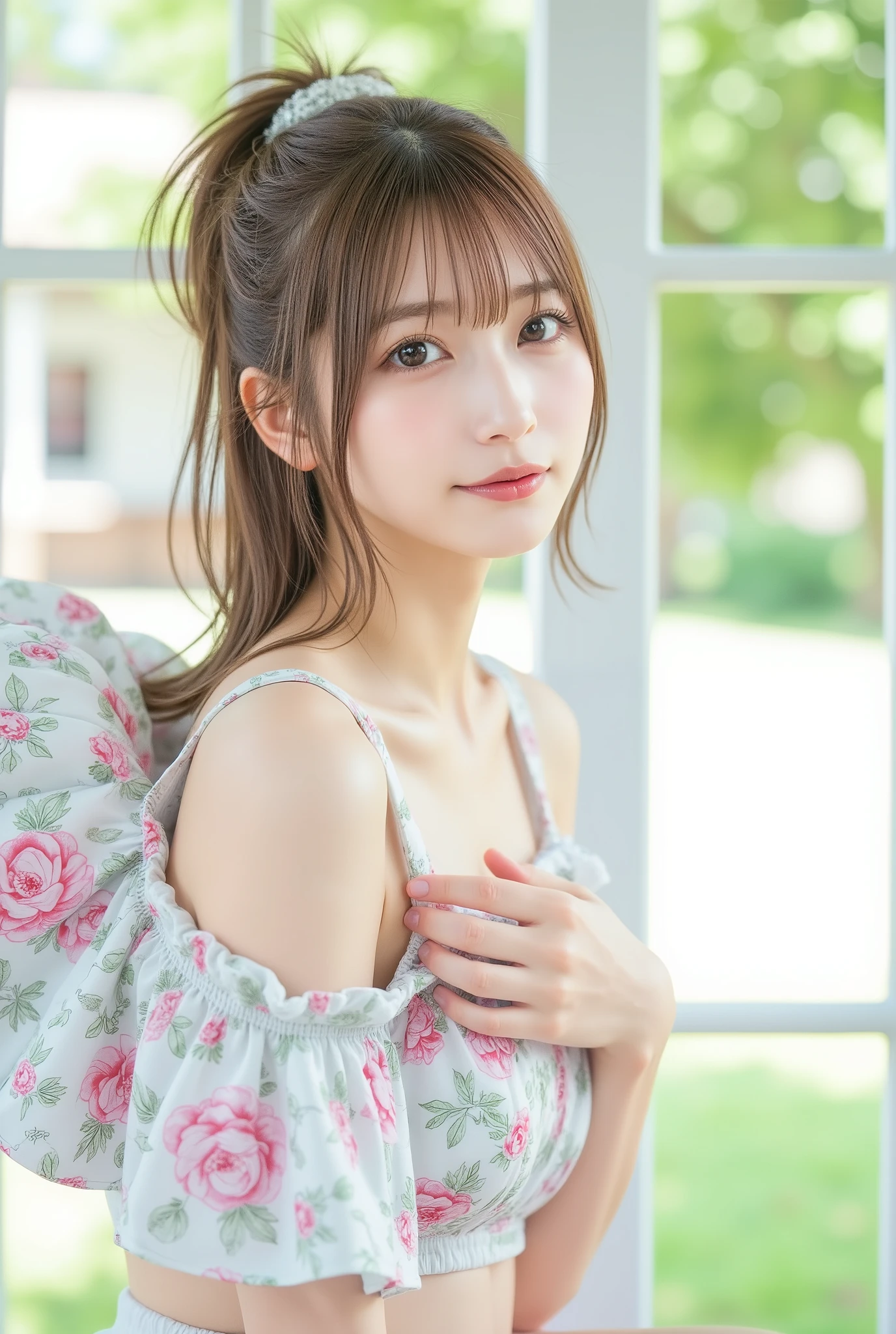 masutepiece, Best Quality, Illustration, Ultra-detailed, finely detail, hight resolution, 8K Wallpaper, Perfect dynamic composition, Beautiful detailed eyes, Women's Fashion Summer,Medium Hair,Small breasts natural color lip, Bold sexy poses,Smile,Harajuku、20 years girl、Cute、Sexy shot looking at camera