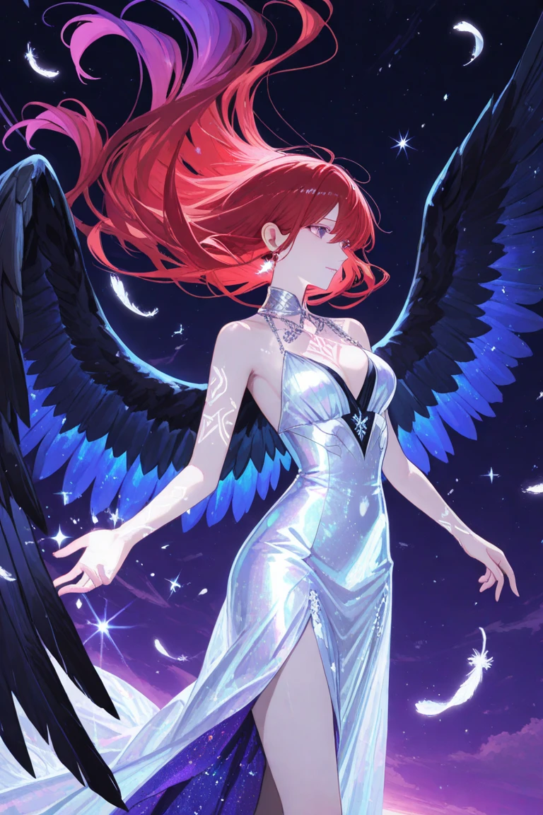 Arafed, a picture of a female angel in high society prom event, divine beautiful female angel, red hair, long hair, flowing hair, the hair glows in a soft light, cerulean eyes, deep light eyes, divine feminine face, (spread white feather wings: 1.2), she wears a ((black evening dress: 1.5)), elegant, intricate detailed dress, silk dress, small cleavage, the dress is decorated with aether stars, starlight, she wears elegant knee high heeled boots, exquisite knee high heeled boots, she stands on the porch of a fantasy castle, dynamic angle, soft torch light, (Masterpiece: 1.5), 16k, highres, best quality, high details, ultra detailed, masterpiece, best quality, (extremely detailed), AngelStyle, GlowingRunesAI_paleblue, angel_wings, Angel
