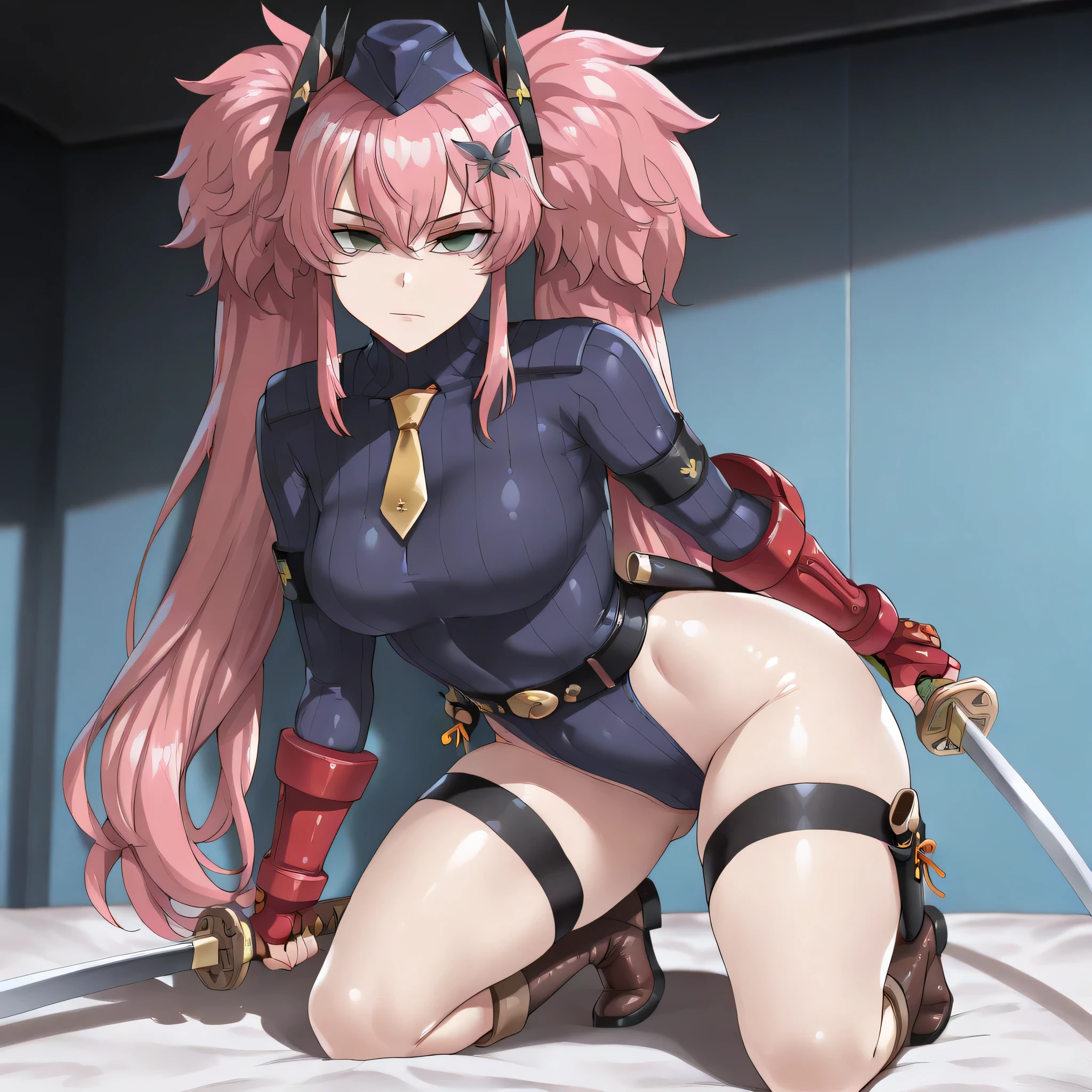 SeaArt Bot
Txt2Img
SDXL
17:59:56
(((Masterpiece))), (((Best Quality))), ((Super Detail)), ultra-High resolution, score_9,score_8_up,score_7_up,score_6_up,score_5_up,score_4_up, BREAK, source_anime, anime screencap, uncensored, rating_explicit, Masterpiece, (best shadow), (absurdres), (detailed background), (very aesthetic), shiny, detailed beautiful eyes, outstanding, countershading, detailed soft lighting, an exquisite animation illustration, curvy, empty eyes, expressionless, blank eyes, looking at viewer, full body, emotionless, Fighting Stance, shadaloo dolls, red gloves, hat, cowboy shot, fingerless gloves, gauntlet, red gauntlet, leotard, cosplay, highleg, highleg leotard, red gloves, garrison cap, dark persona, ribbed leotard, yellow necktie, (((solo, 1girl))), hair ornament, submissive pose, seductive pose, twin tails, long twin tails, very long hair, medium breasts, green eyes, pink hair, boots, belt, katana, helmet, dual wielding, holster, full body, all fours, crawl, crawling, hand on ass