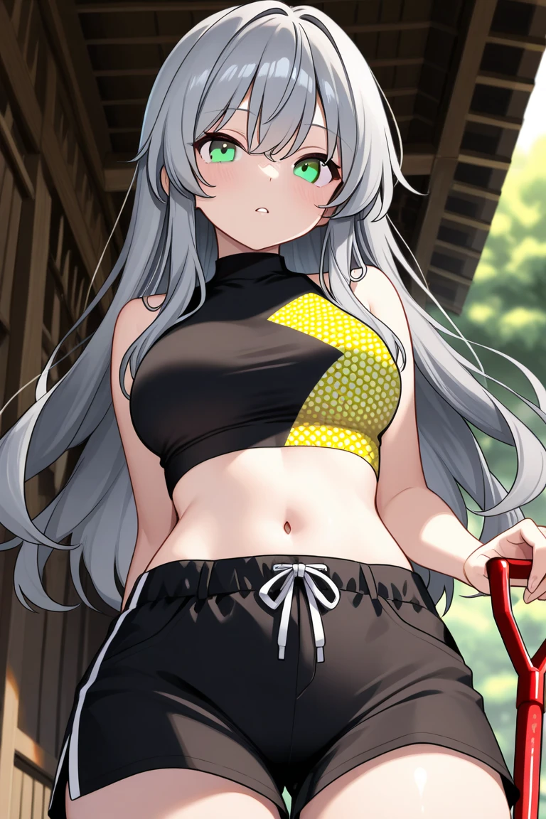 (long hair ,dark silver hair, black strand of hair, embarassed face) , green eyes, catgirl, cat tail, winkers, open oversized souvenir jacket, tight t-shirt reach just above large ample breast about to spill out, exposed chubby tummy and midriff, tight shorts, big ass, large hips, nice lighting, snowy environment