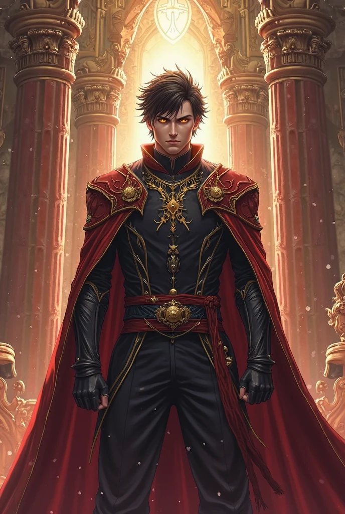 arafed image of a man in a red cloak and a red cape holding a sword, a character portrait by Pablo Munoz Gomez, Artstation contest winner, fantasy art, wearing red sorcerer's robes, portrait of a red sorcerer, wearing red sorcerers robes, wearing gilded red royal robes, guillem h. pongiluppi, casimir art, tom bagshaw donato giancola, adi granov, portrait of an arrogant noble human male prince, in red robes, portrait of merlin, casimir art, portrait of a red sorcerer, bored look on his face, pale brown hair, clean shaven, full color illustration, extremely high details