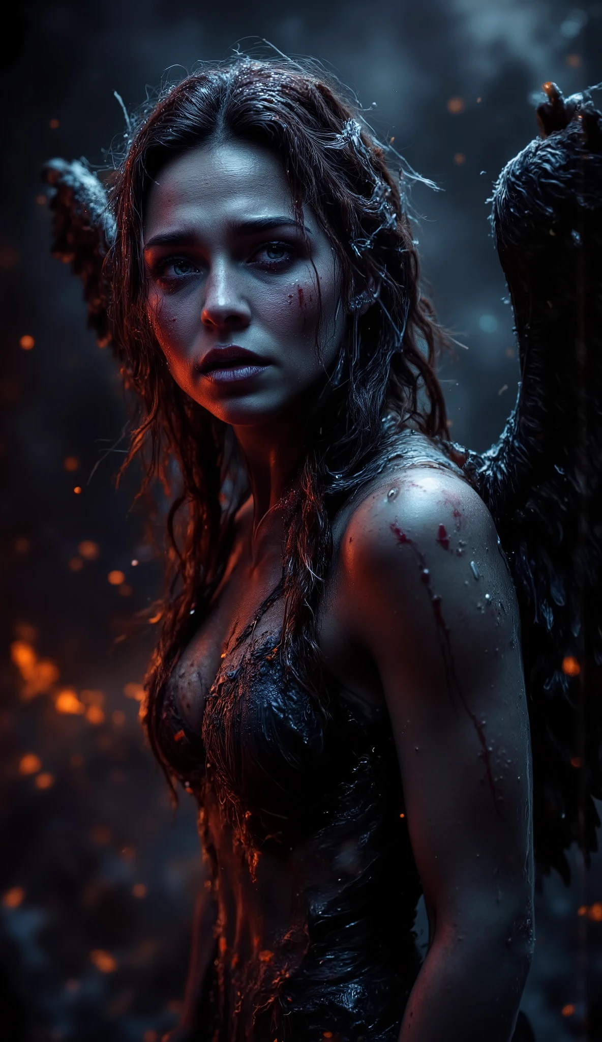 Really epic realistic and very low coloured and low contrast photography, 25 years old tall muscle scantily clad sexy angry and furious innocent woman as a angel of darkness with greatest dark angel wings looking into the hell from the left side. Angel has luminous bright skin and warmth of exhalation from nose and little open mouth, goose skin, veils on hand, more sweaty in face and body. Angel wearing a torn ripped and dirty dark semi transparent habitus, realistic bloody slash wounds on a body, in the winter with snow, more fog dust and ashes and volumetric lights, more fires some with raising dark smoke in background, full body, Hasselblad X2D 100C, looking into the lens, in the night and dark open area, come from hell, focus f=4.0, more stars bokeh, distance=25 ft, epic backlight, light from above to down and face. 8k gypsy long hair woman..... --ar 9:16