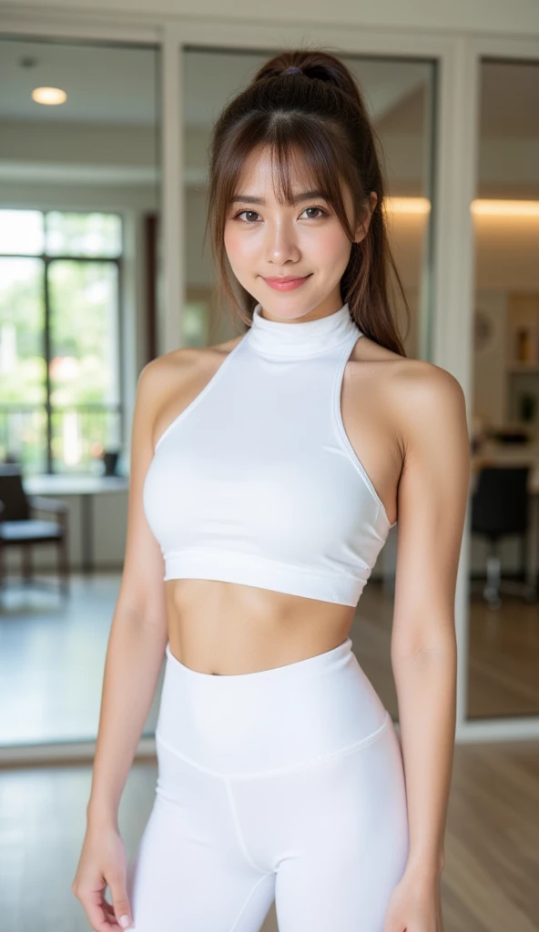 Seaside、Sandy Beach、One person、(((White leggings pants)))、smile、 (((Wearing a sexy grey crop top))), ((Sexy young woman&#39;s body:1.4)),４K、Large Bust、Staring at the audience、Sit down and spread your legs、Spread your legs、
