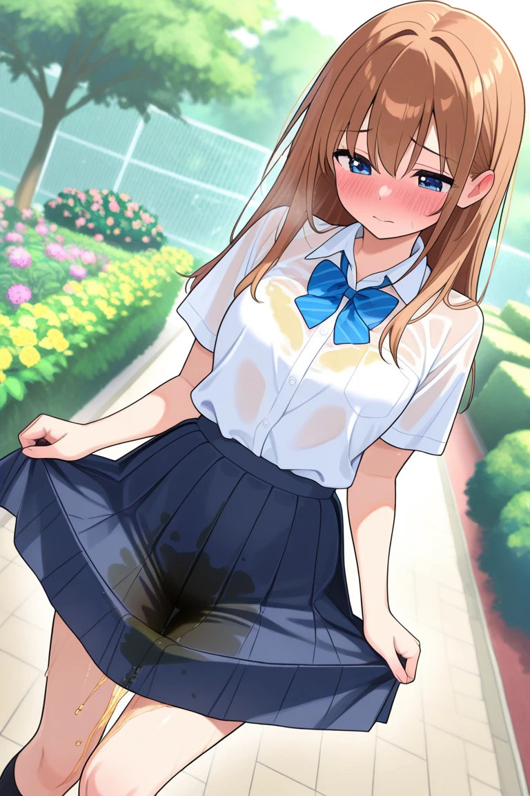 best quality,1girl,((loli,10歳:1.3)),small breasts,((ツリ目,orgasm,blush,sweat,steam:1.1)),yui kotegawa, (brown eyes:1.5),black hair, short hair, ((twintail:1.3)),((black skirt, plaid skirt, white t-shirt,short sleeves,lift skirt,upskirt,vagina,have to pee:1.3)),thighhighs,pussy juice,see through,garden,squatting,open legs,pubic hair