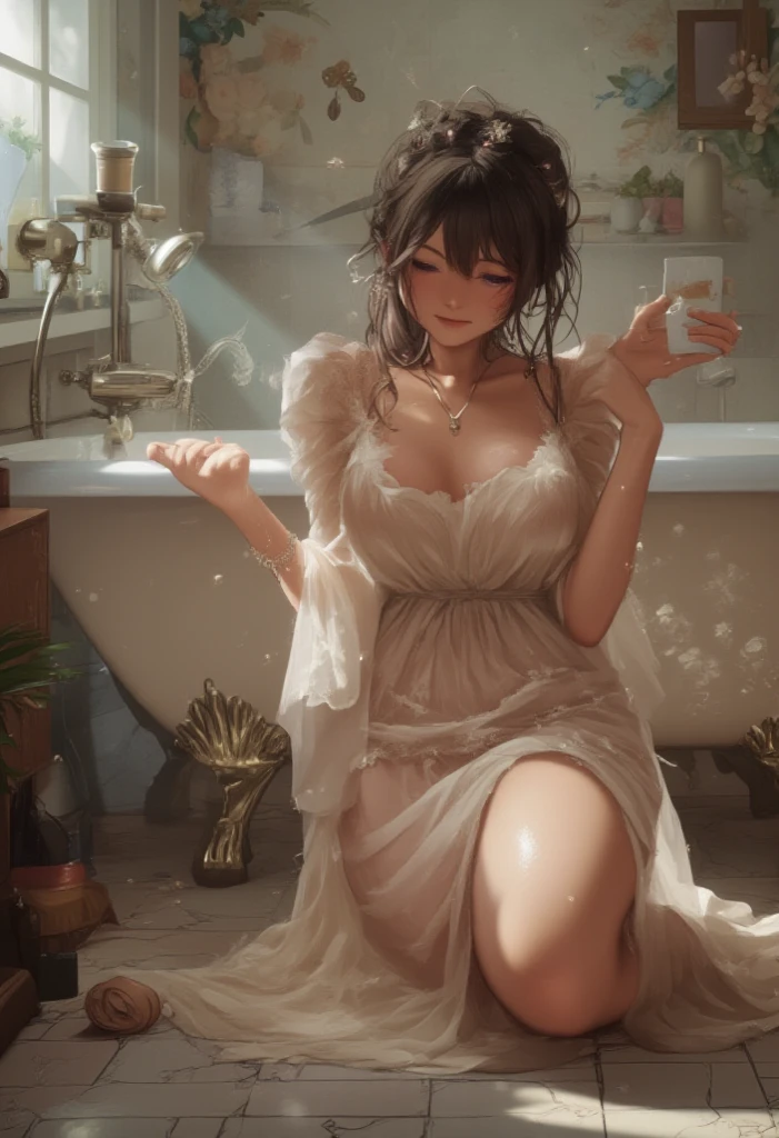 nsfw, ((1girl)), ((masterpiece)), realistic, ((highly detailed:1.3)), princess bathing in a marble tub, ((long brown hair with green eyes)), wet hair, wearing a sheer bathrobe,  bathing, ivorygoldai, royal palace bathroom setting, steam, ornate marble tub, (rose petals floating in water:1.3), early morning light, windows, crepuscular lighting, dynamic pose, dynamic angle,