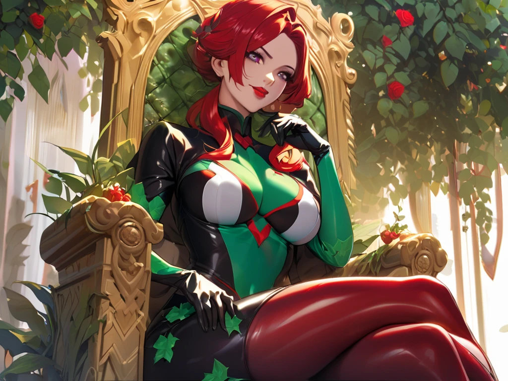 masterpiece,best quality,1girl,rosemon,huge breasts,green cape,thorns,digimon,gloves,red rose,cleavage,elbow gloves,thigh boots,red lips,bodysuit,pantyhose,plant girl,black footwear,Thorns Whip,sitting,crossed legs,garden,roses,rose petals,<lora:rosemon:0.9>,