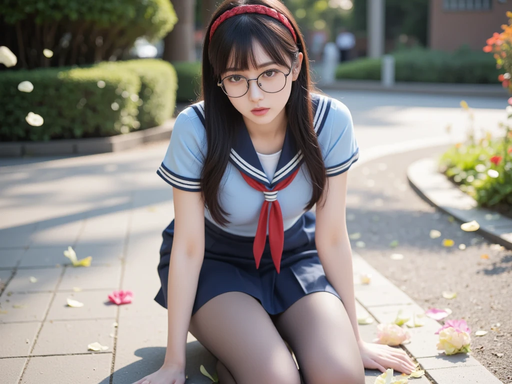 realistic, 1girl, eye glasses, shy, blushes, sitting on bench, abandoned school, sunset, dark skies, bob hair, hair bangs, white crop top sailor uniform, cleavage, big bust, tummies, short skirt, tights, knees,