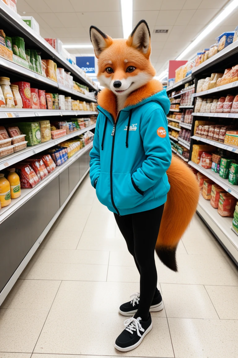 18 year old woman in tiny, transparent orange and black lingerie showing her huge breasts and big buttocks, with fox ears and tail, in grocery store in snack section, junk food, buying cheetos, , copper-toned hair, short hair, Honey eyes, curly hair, large eyes, full lips, with medium light, legs and buttocks worked in the gym, front facing with legs open, sexy glasses, High heels