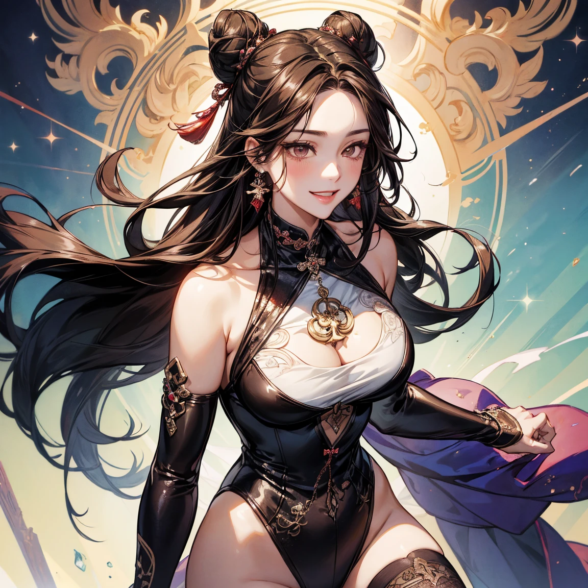 ((realistic: 1.5)),((best quality)), ((masterpiece)),((detailed)), woman, brown hair,
 bangs, purple eyes, cross-shaped pupils,
focus on face, mocking expression, tongue out, purple tongue long legs, curves, medium breasts, cleavage, casual wear, wide hips, long eyelashes,
fire aura around chinese temple