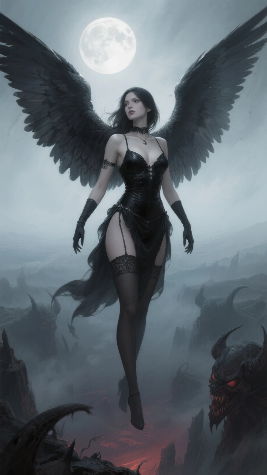 The lost god, Angel Wings and Demon Lord Wings, (Realistic picture, highest resolution, 16K), (A demon god with wide wings and enormous power on his shoulders..., Twelve wings on the shoulders., black bat wings:1.3 white angel wings:1.5), long hair, Thick hair, Two meters long, floor length, (สาวสวยlong hairสองเมตร, shiny black hair, Smooth white skin, very red lips), ((stand, already)), (หน้าอกbig, หัวbig tits), (gigantic breast, small waist, hips raised, small thighs, Long legs), (dynamic poses), Separate theme, (Angel wings and devil wings), floating in the air above the ground, background darkness, Embraced with twelve wings, ปีกSeparate themeชัดเจน, Angel wings and devil wings, white and black wings, ทรงสวมมงกุฏขนาดbig, The busiest breasts, big , Porn, just, exposed body, tight, All smooth., see the whole body, full body image,