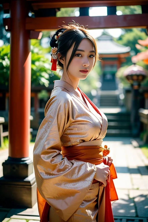araffe dressed in a kimono and holding an umbrella, in kimono, in a kimono, japanese goddess, wearing kimono, kimono, glamorous and sexy geisha, wearing a kimono, wearing kimono armor, japanese kimono, anime girl cosplay, classic kimono, organic seductive geisha, cosplay photo, onmyoji, wearing white silk robe, pale and coloured kimono, cosplay, gorgeous young korean woman, beautiful south korean woman, korean girl, beautiful young korean woman, korean woman, heonhwa choe, korean women's fashion model, sexy look, big breast, sexy pose, show breast, light orange hair