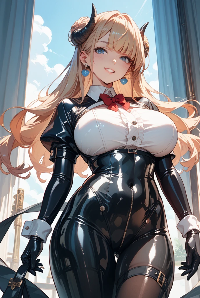 masterpiece, best quality, official art, (highly detailed CG Unity 8k wallpaper), detailed background, (hands by Guido Daniele: 1.1), feet outside the frame, first person perspective, 1, attractive and perfect beautiful woman, schoolgirl, JK, schoolgirl uniform, rainy day, a lot of rain, holding an umbrella, holding an umbrella in hand, (curvaceous), ( white thighs: 1.12), (blonde longhair: 1.12 (Ahoge: 1.13), (High Ponytail: 1.12), (Green Eyes: 1.13), Look at the Beholder, Big, (cleavage), Beautiful Face, (Blush: 1.11), (Smile: 1.11)