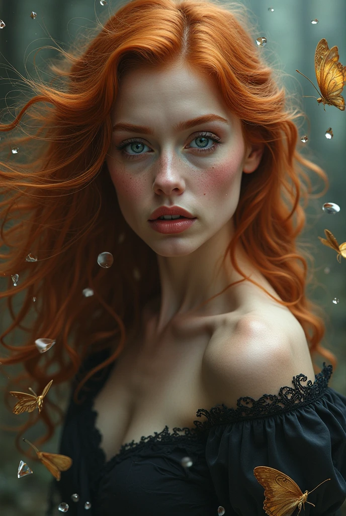 (solo, full body photo:1.3), (action packed:1.3), (haze, fog, mist:1.3), chiaroscuro, best quality, photorealistic, 1woman, (cute), (24yo:1.2), redhead, long ginger hair highly detailed, 1700'S, digital photography, art by artgerm and ruan jia and greg rutkowski surreal painting gold butterfly filigree, broken glass, (masterpiece, sidelighting, finely detailed Fashionable eyes: 1.2) (perfect oval large eyes that gazes at the viewer), beautiful detailed face, blue gorgeous perfect eyes, (blonde hair ponytail), (attractive young woman:1.3), (thick amazing hair), (seductive:1.1), (blushing:1.1) ultra-realistic